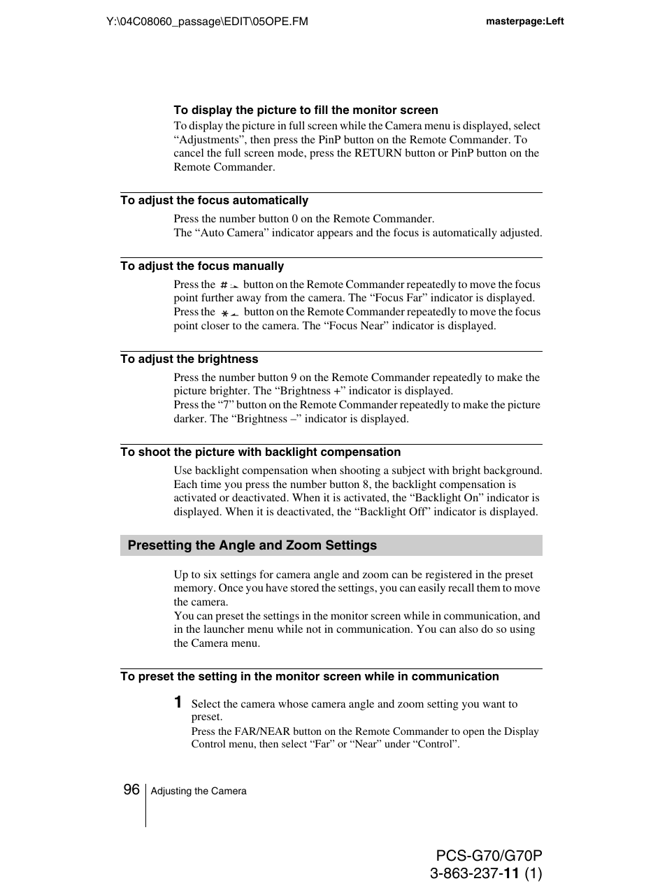 Presetting the angle and zoom settings, Presetting the angle and zoom, Settings | Sony PCS-G70P User Manual | Page 96 / 236