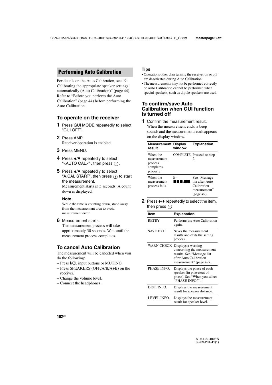 Performing auto calibration | Sony 3-289-204-41(1) User Manual | Page 102 / 128