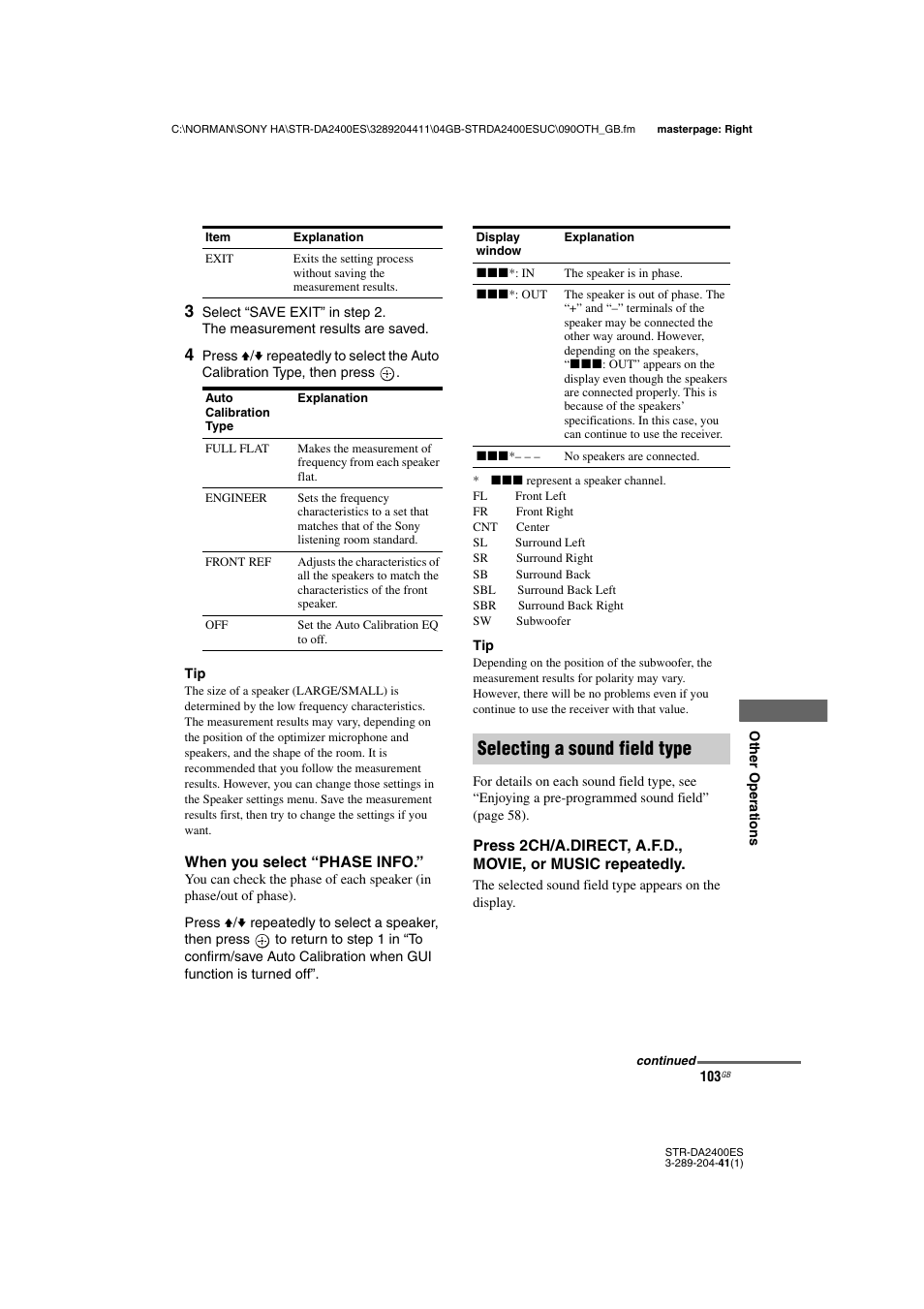 E “when you select “phase info, Selecting a sound field type | Sony 3-289-204-41(1) User Manual | Page 103 / 128