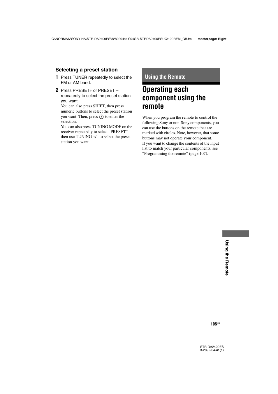 Using the remote, Operating each component using the remote, Operating each component using the | Remote | Sony 3-289-204-41(1) User Manual | Page 105 / 128