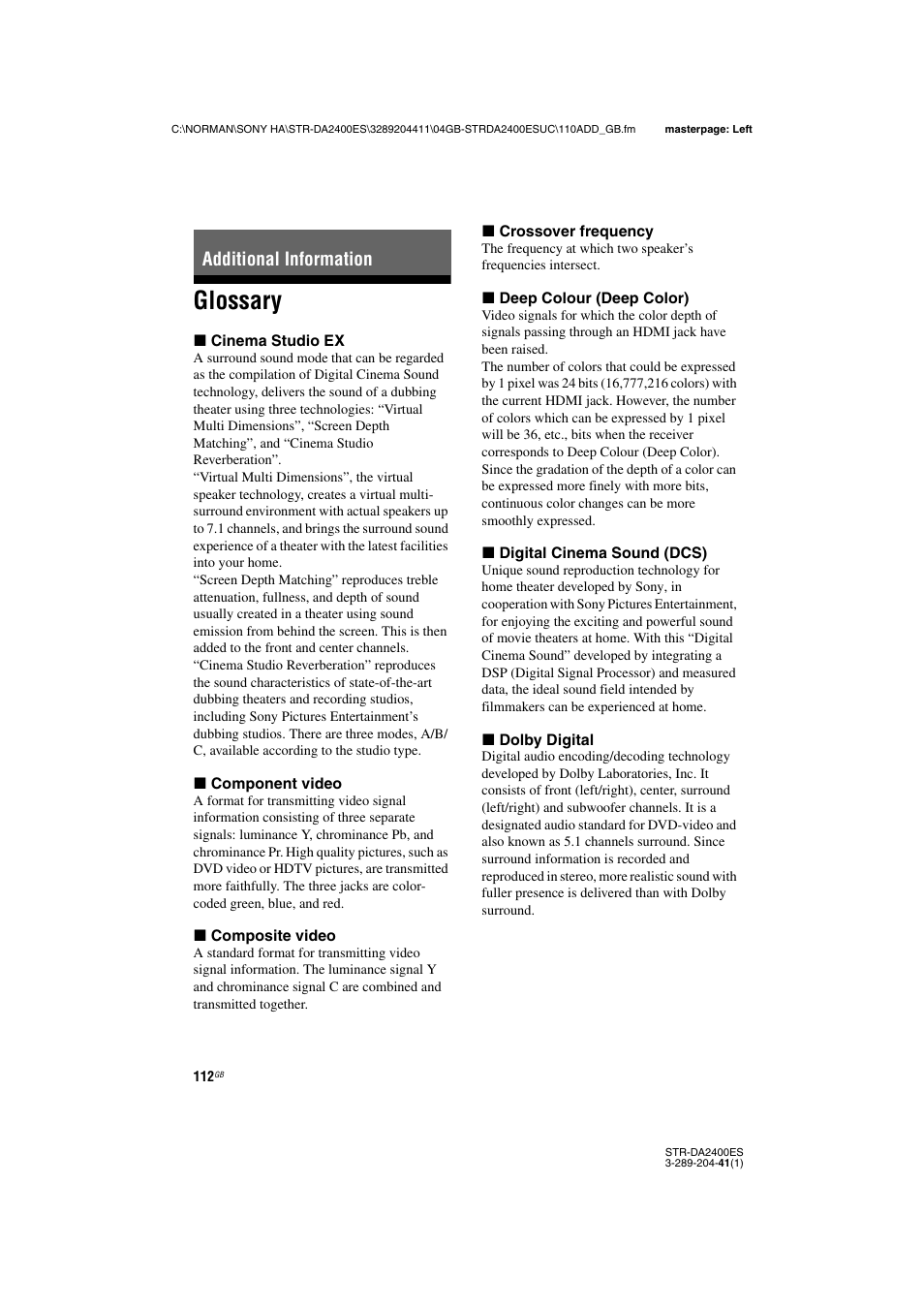 Additional information, Glossary | Sony 3-289-204-41(1) User Manual | Page 112 / 128