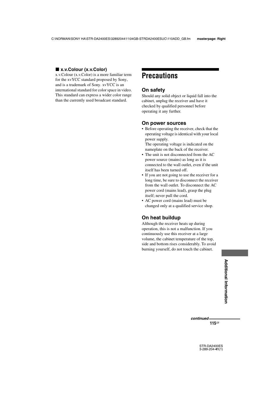 Precautions | Sony 3-289-204-41(1) User Manual | Page 115 / 128