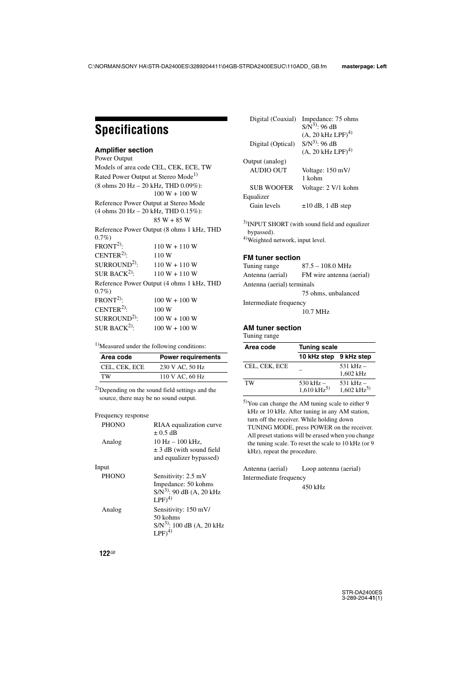 Specifications | Sony 3-289-204-41(1) User Manual | Page 122 / 128