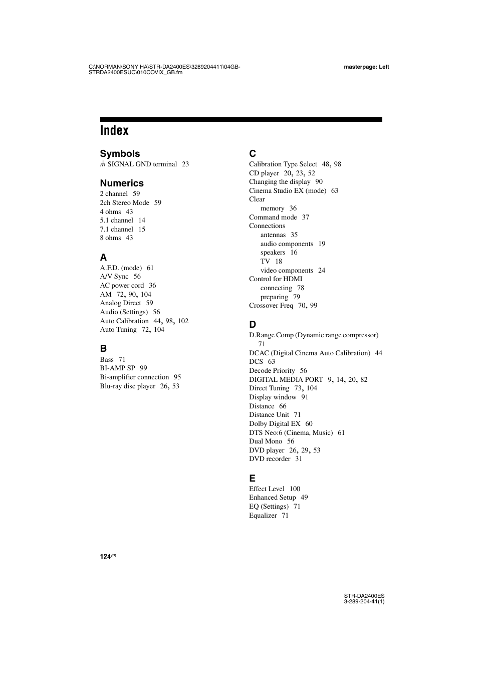 Index | Sony 3-289-204-41(1) User Manual | Page 124 / 128