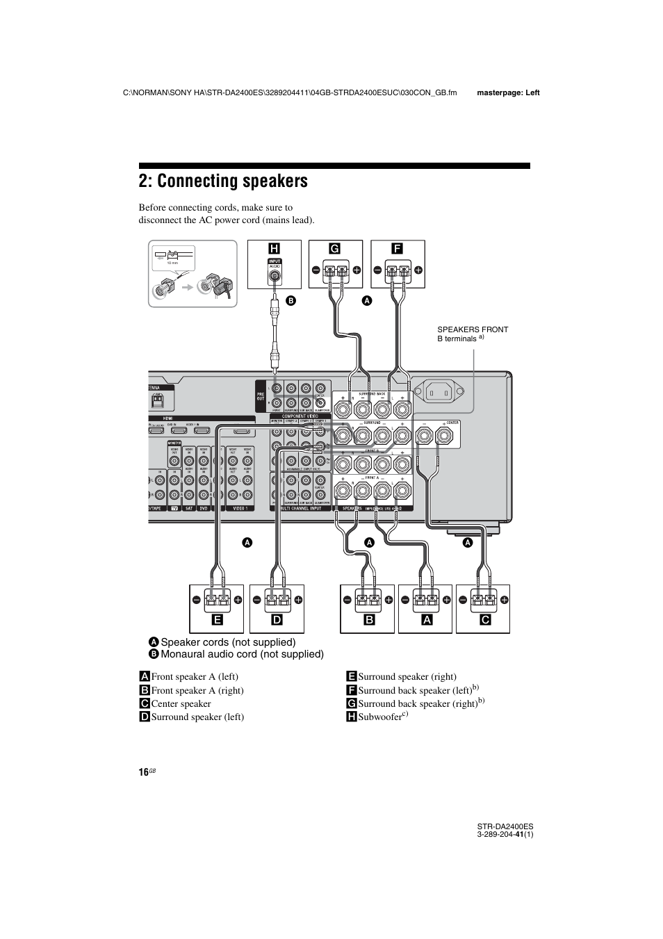 Connecting speakers | Sony 3-289-204-41(1) User Manual | Page 16 / 128