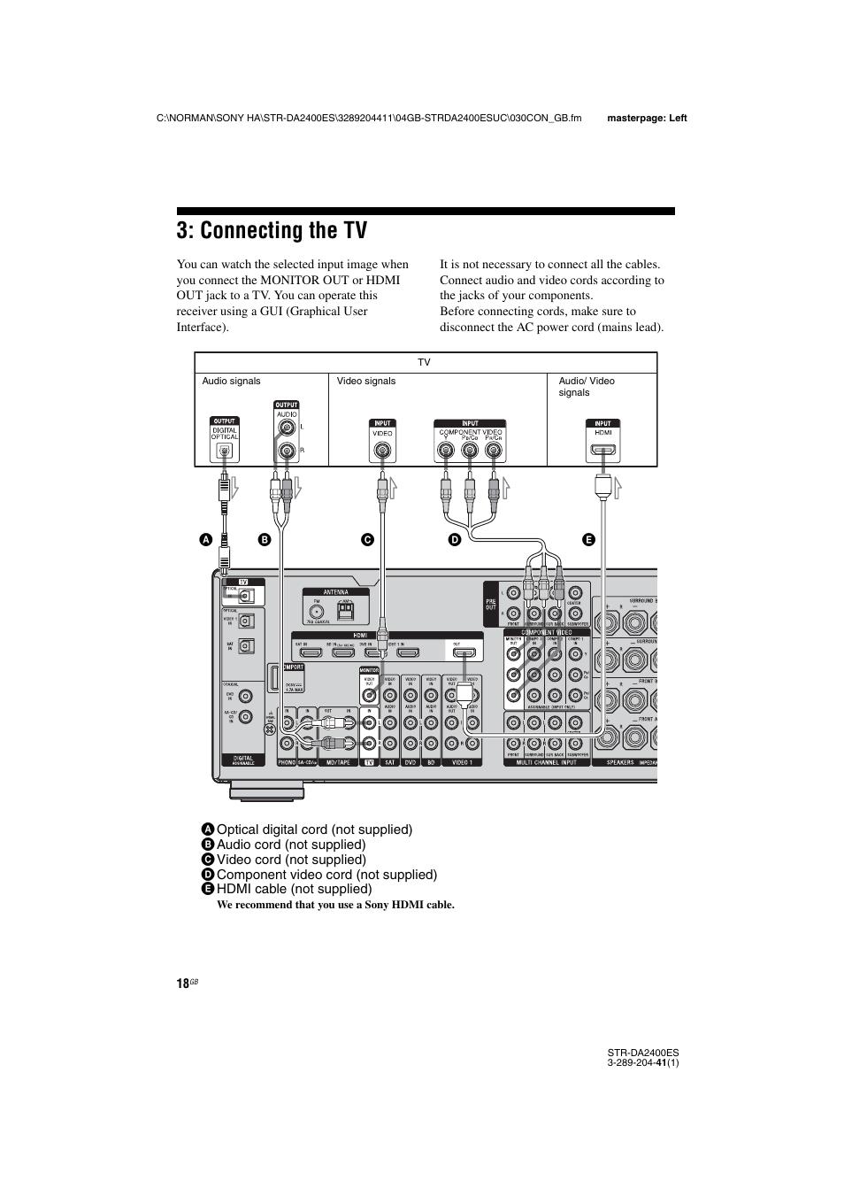 Connecting the tv, E 18, 2, E 18, 29 | Sony 3-289-204-41(1) User Manual | Page 18 / 128