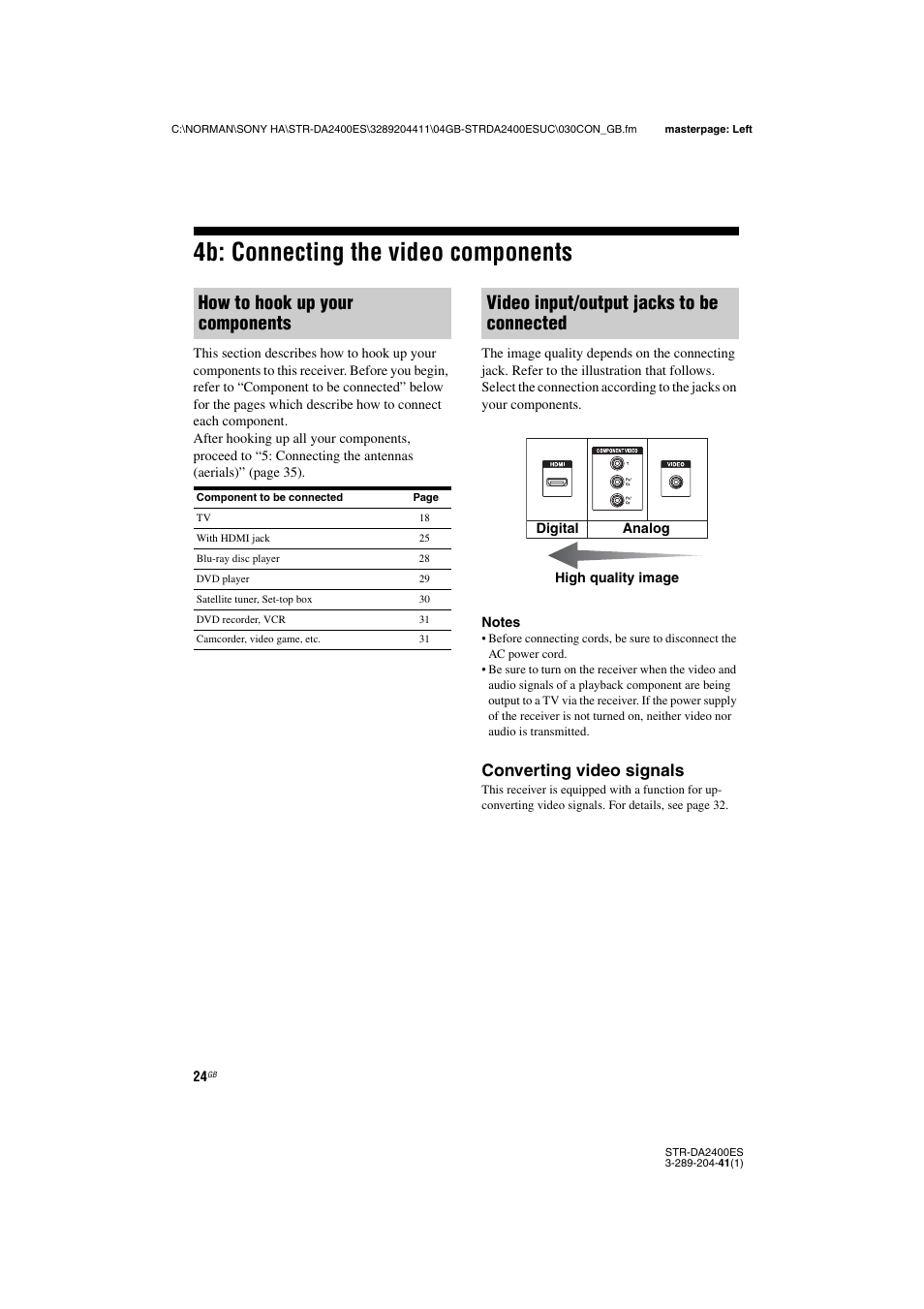 4b: connecting the video components, How to hook up your components, Video input/output jacks to be connected | Converting video signals | Sony 3-289-204-41(1) User Manual | Page 24 / 128