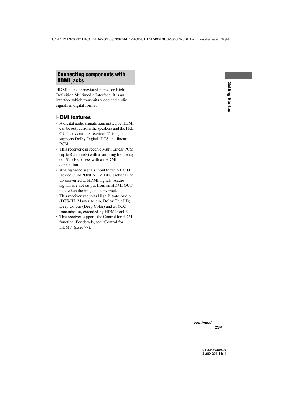 Connecting components with hdmi jacks | Sony 3-289-204-41(1) User Manual | Page 25 / 128