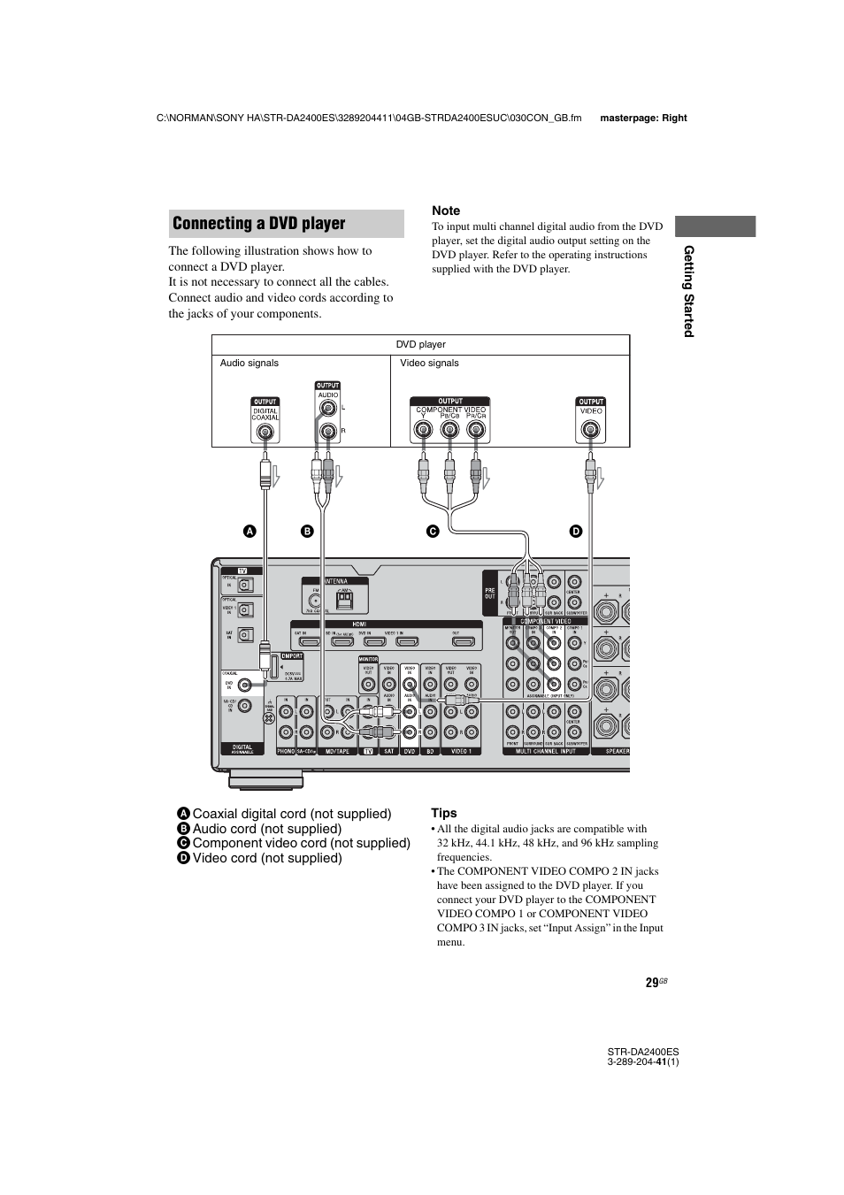 Connecting a dvd player | Sony 3-289-204-41(1) User Manual | Page 29 / 128