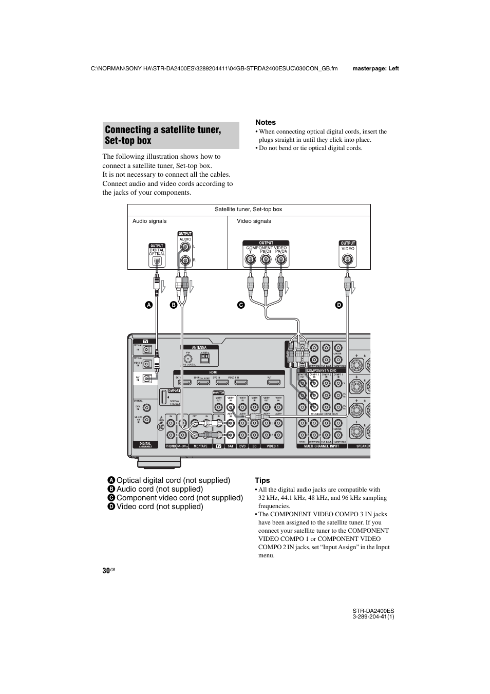 Connecting a satellite tuner, set-top box | Sony 3-289-204-41(1) User Manual | Page 30 / 128