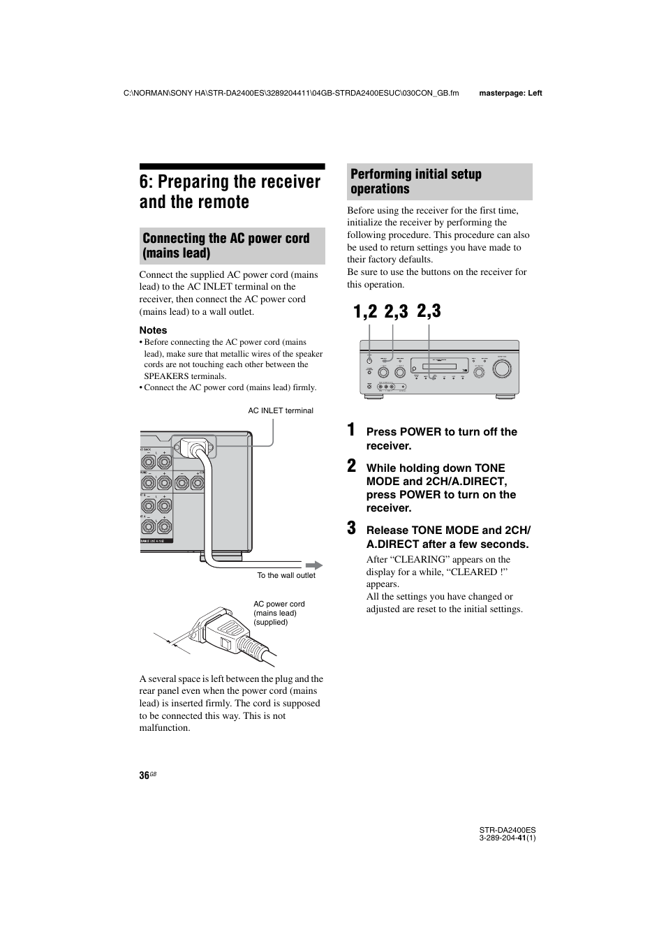 Preparing the receiver and the remote, Connecting the ac power cord (mains lead), Performing initial setup operations | Sony 3-289-204-41(1) User Manual | Page 36 / 128