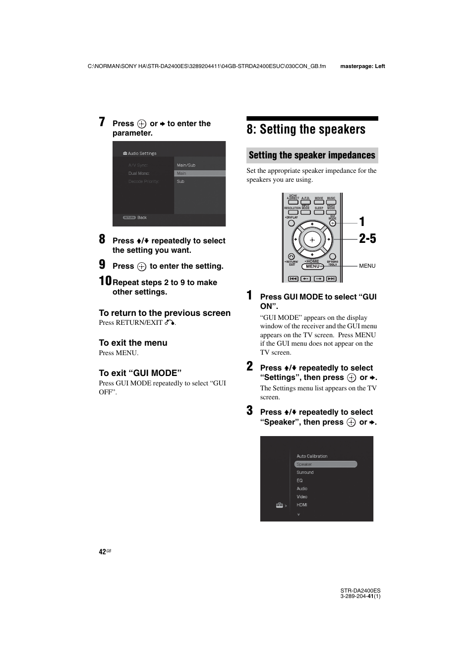 Setting the speakers, Setting the speaker impedances | Sony 3-289-204-41(1) User Manual | Page 42 / 128