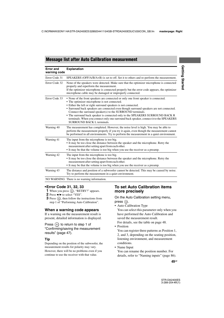 Message list after auto calibration measurement | Sony 3-289-204-41(1) User Manual | Page 49 / 128