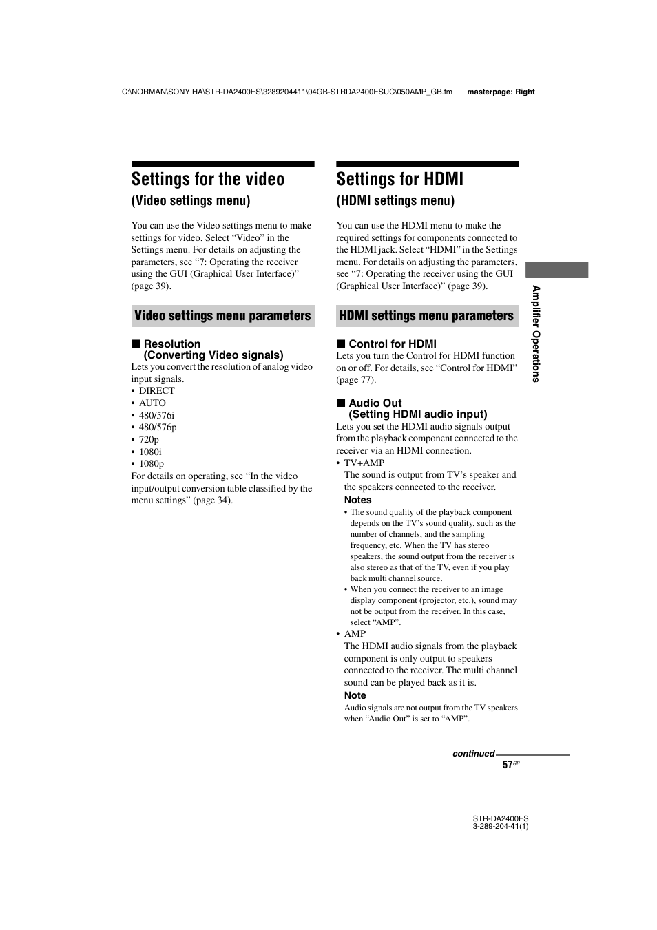 Settings for the video (video settings menu), Settings for hdmi (hdmi settings menu), Settings for the video | Video settings menu), Settings for hdmi, Hdmi settings menu) | Sony 3-289-204-41(1) User Manual | Page 57 / 128
