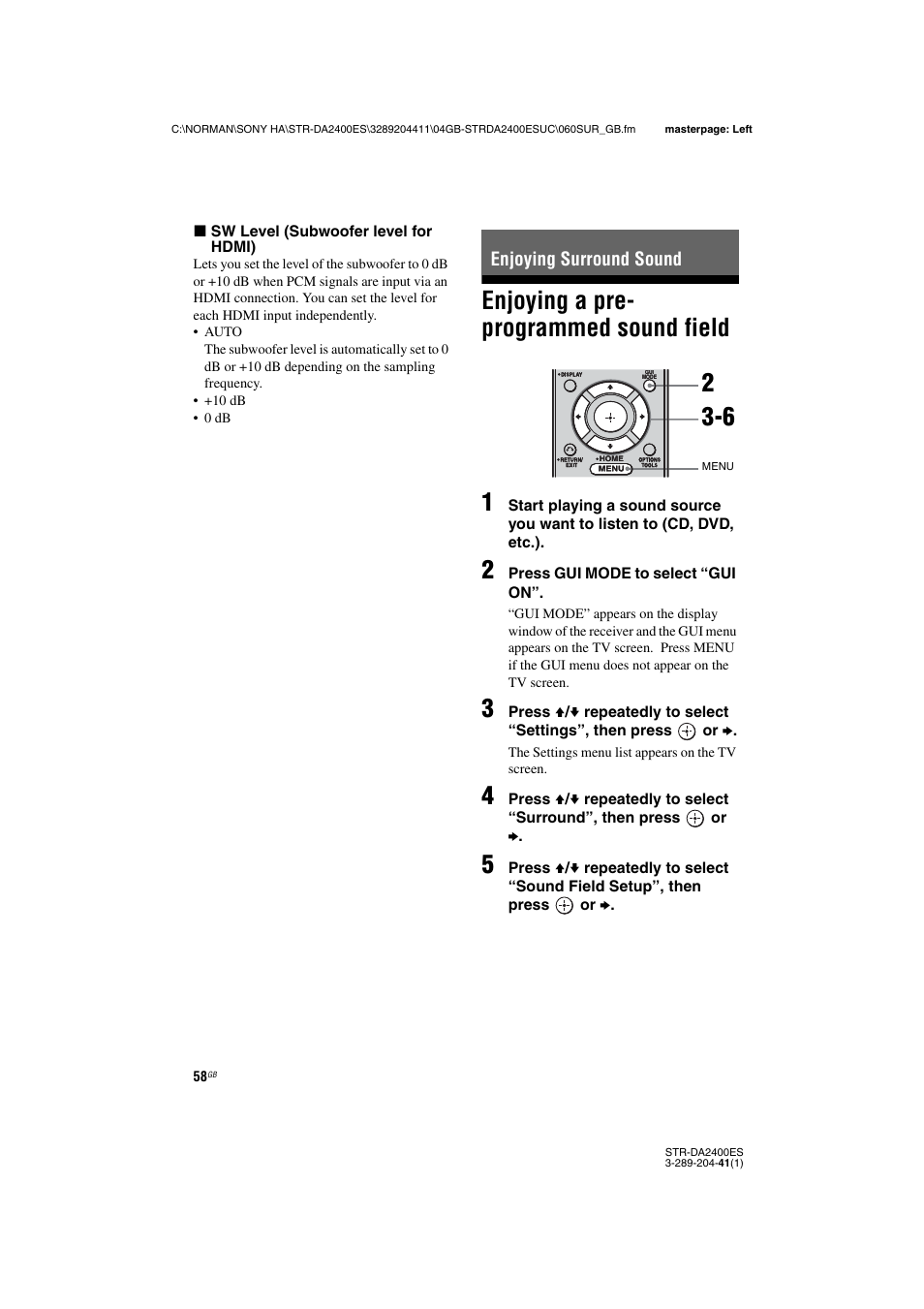 Enjoying surround sound, Enjoying a pre- programmed sound field, Enjoying a pre-programmed sound field | Enjoying a pre- programmed sound field 1 | Sony 3-289-204-41(1) User Manual | Page 58 / 128