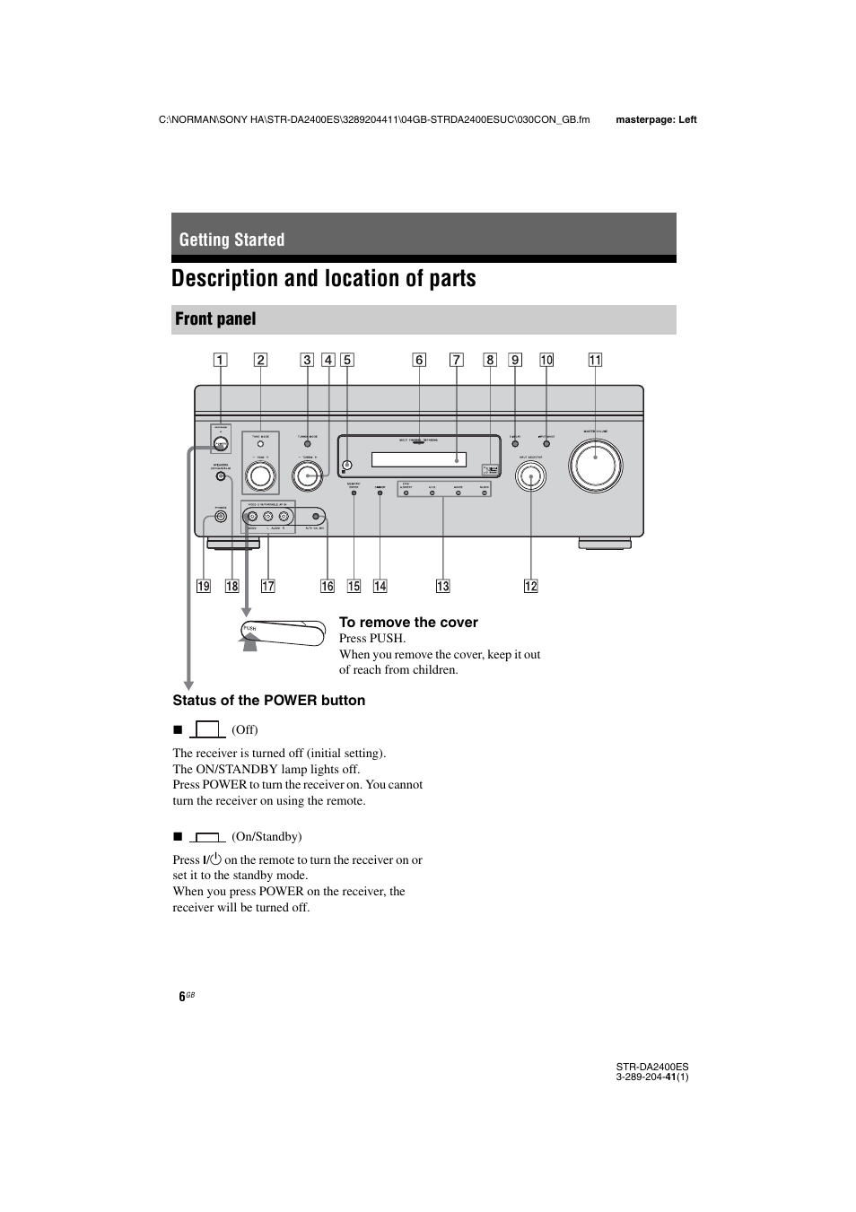 Getting started, Description and location of parts, Getting started front panel | Sony 3-289-204-41(1) User Manual | Page 6 / 128