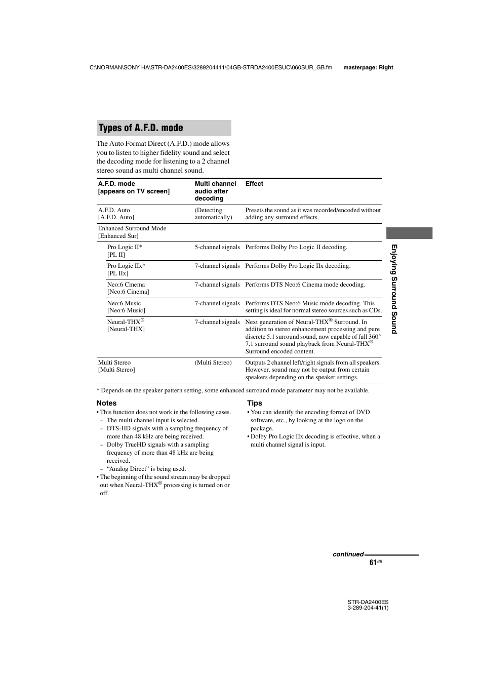 Types of a.f.d. mode | Sony 3-289-204-41(1) User Manual | Page 61 / 128