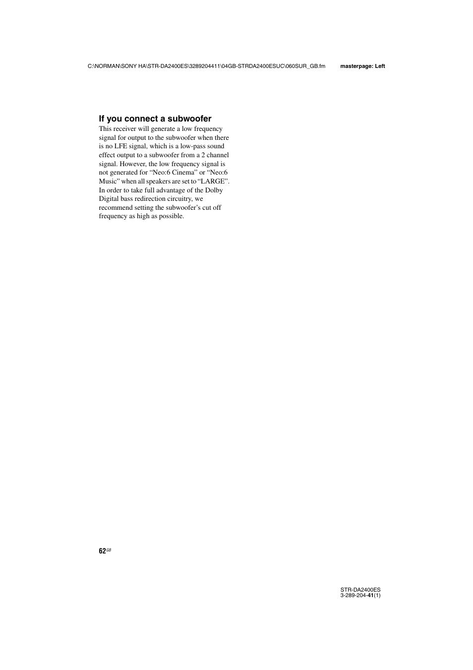 If you connect a subwoofer | Sony 3-289-204-41(1) User Manual | Page 62 / 128