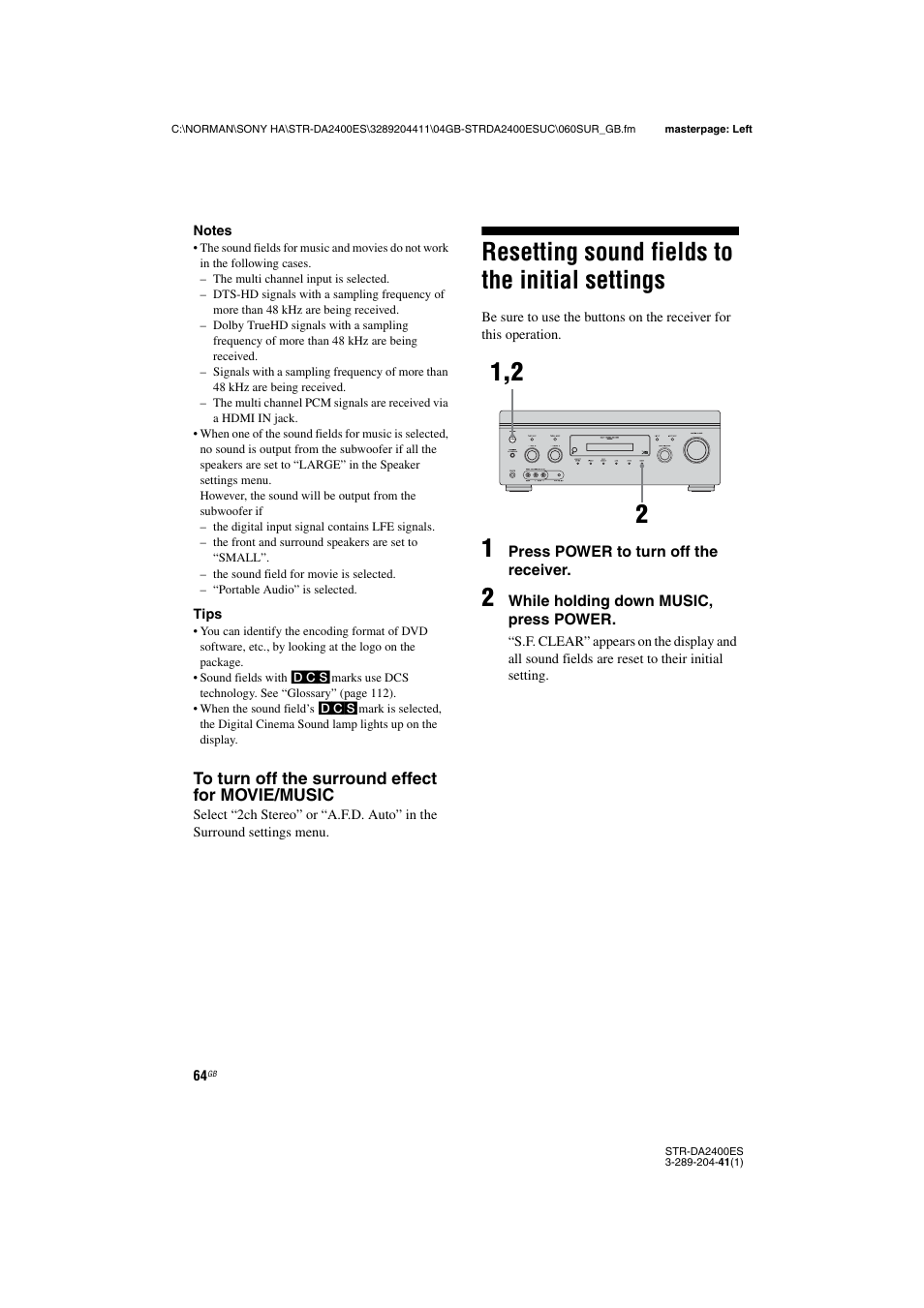 Resetting sound fields to the initial settings, Resetting sound fields to the initial, Settings | Sony 3-289-204-41(1) User Manual | Page 64 / 128