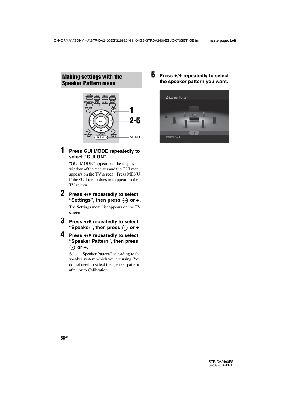 Making settings with the speaker pattern menu | Sony 3-289-204-41(1) User Manual | Page 68 / 128