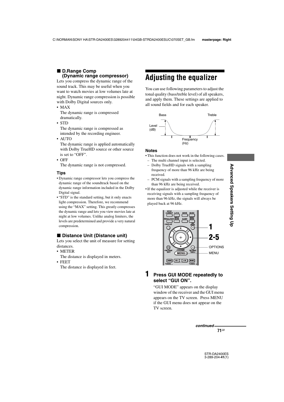 Adjusting the equalizer, X d.range comp (dynamic range compressor), X distance unit (distance unit) | Press gui mode repeatedly to select “gui on | Sony 3-289-204-41(1) User Manual | Page 71 / 128
