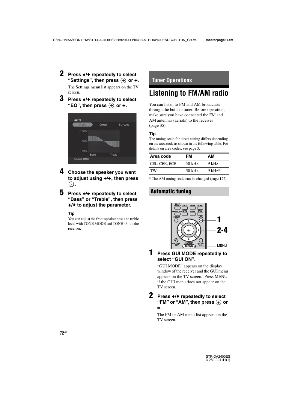 Tuner operations, Listening to fm/am radio, Automatic tuning | Sony 3-289-204-41(1) User Manual | Page 72 / 128