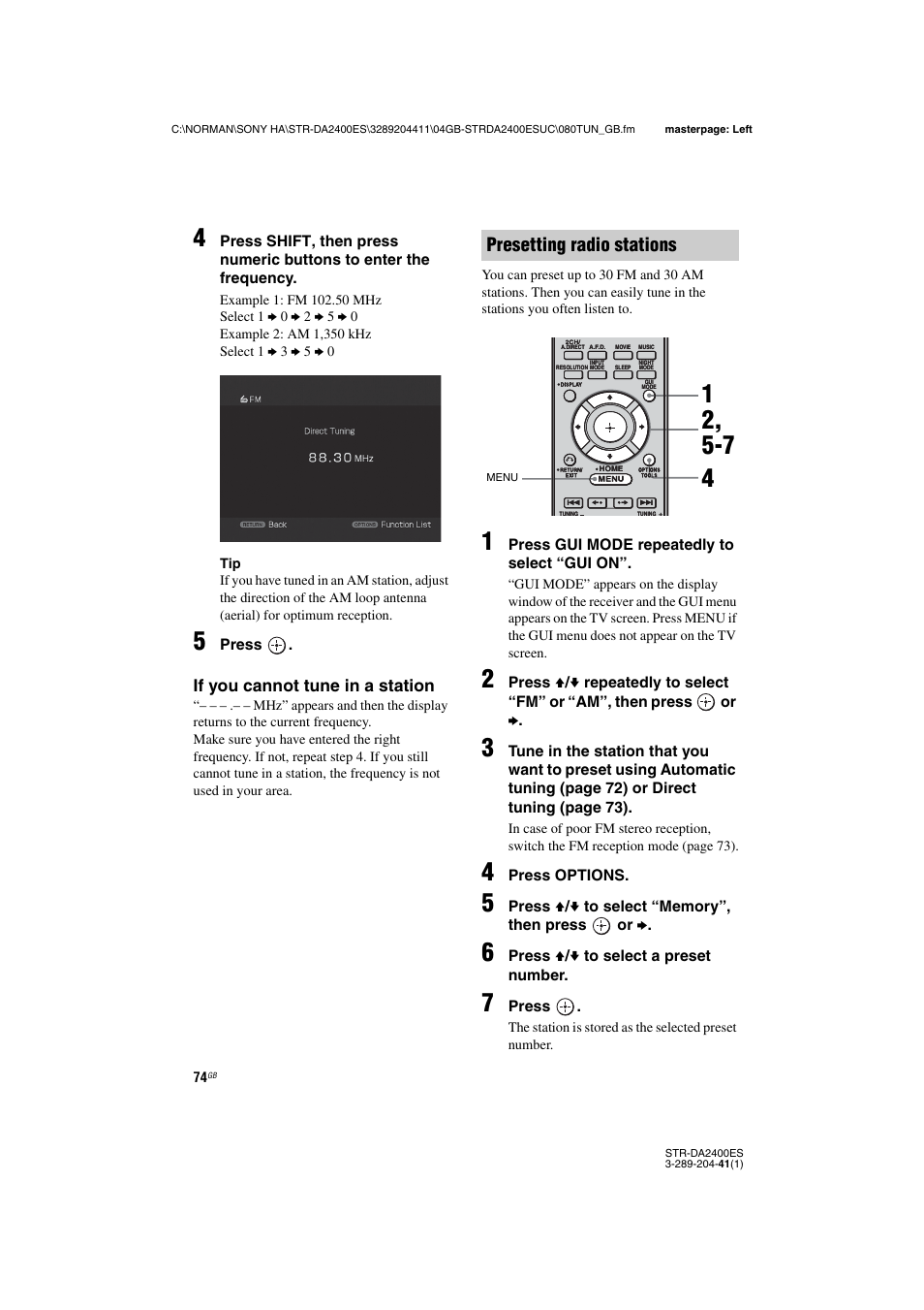 Presetting radio stations, If you cannot tune in a station | Sony 3-289-204-41(1) User Manual | Page 74 / 128