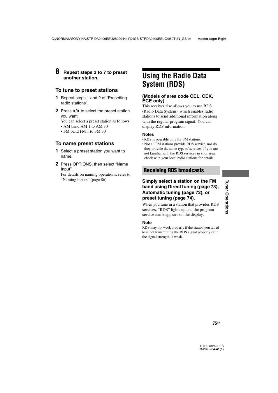 Using the radio data system (rds), Models of area code cel, cek, ece only), Receiving rds broadcasts | Sony 3-289-204-41(1) User Manual | Page 75 / 128