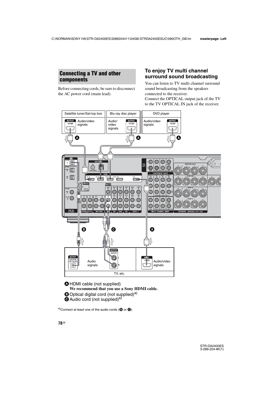 Connecting a tv and other components | Sony 3-289-204-41(1) User Manual | Page 78 / 128