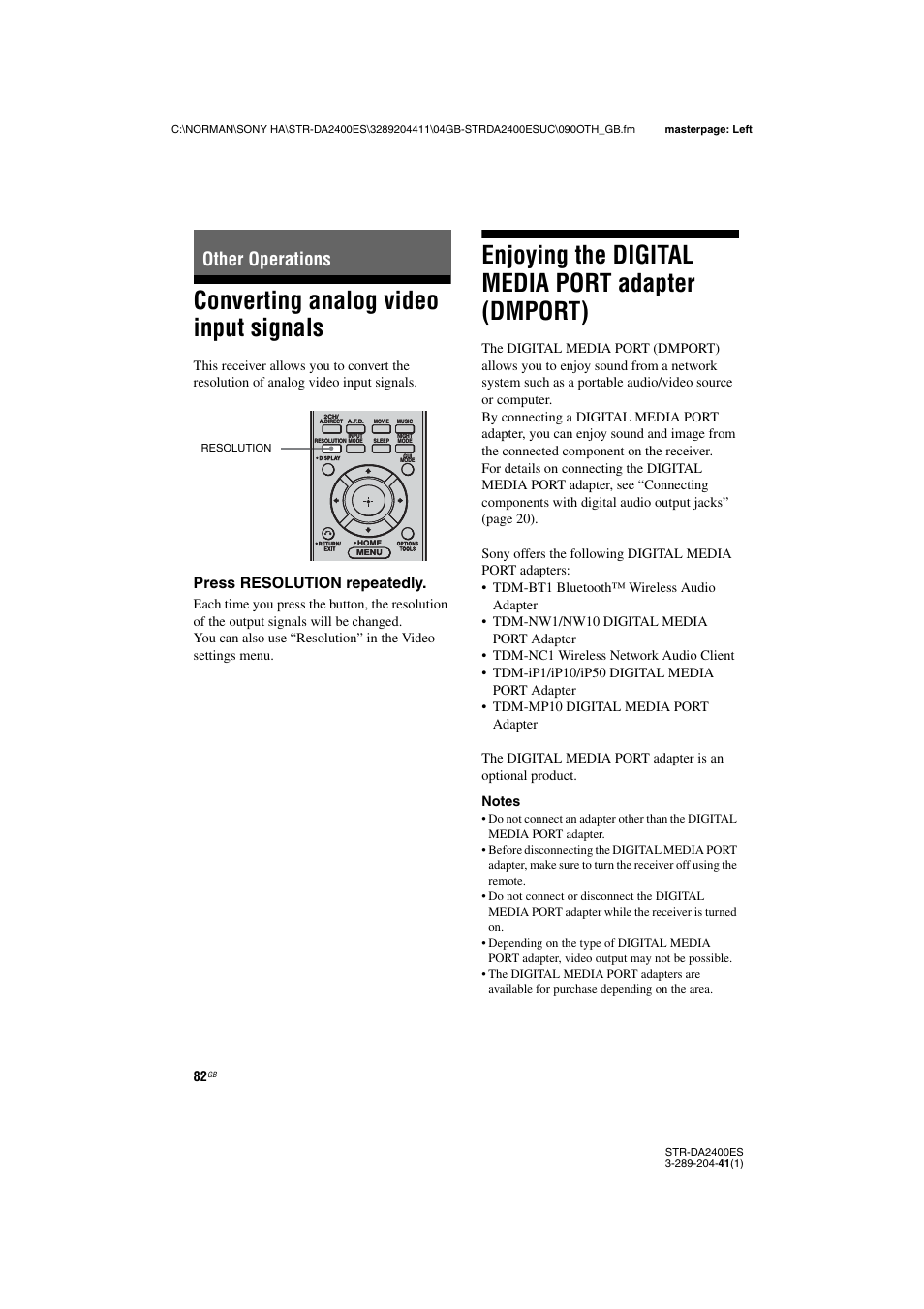 Other operations, Converting analog video input signals, Enjoying the digital media port adapter (dmport) | Adapter (dmport), Press resolution repeatedly | Sony 3-289-204-41(1) User Manual | Page 82 / 128