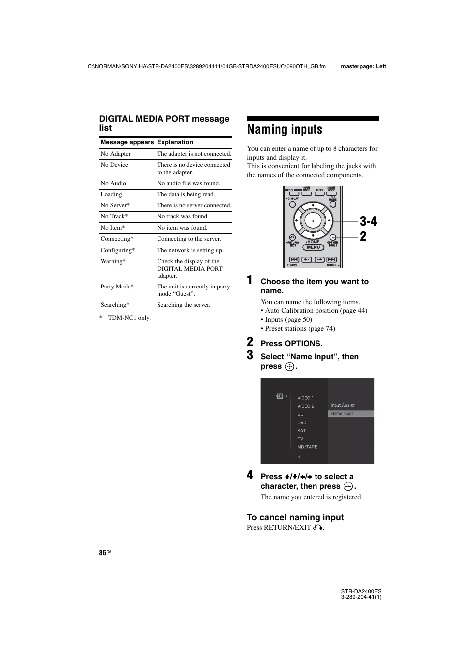 Naming inputs, Digital media port message list | Sony 3-289-204-41(1) User Manual | Page 86 / 128