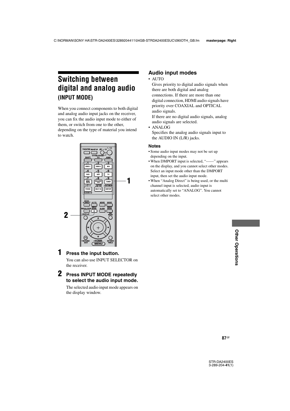 Switching between digital and analog audio, Input mode), Audio input modes | Press the input button, Oth e r op eratio ns, You can also use input selector on the receiver | Sony 3-289-204-41(1) User Manual | Page 87 / 128