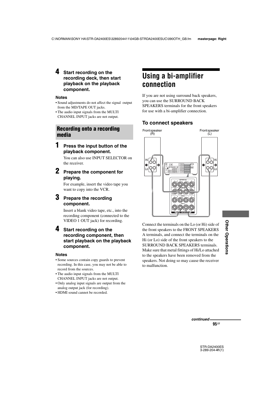 Using a bi-amplifier connection, Recording onto a recording media | Sony 3-289-204-41(1) User Manual | Page 95 / 128