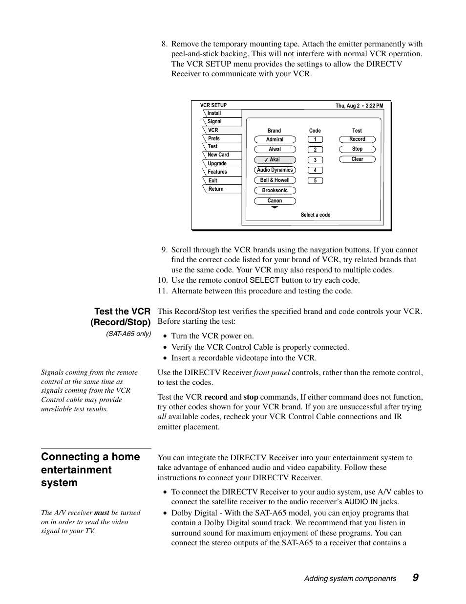 Connecting a home entertainment system, Test the vcr (record/stop) | Sony SAT-A65 User Manual | Page 18 / 58
