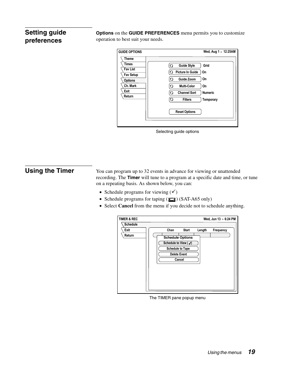 19 setting guide preferences, Using the timer | Sony SAT-A65 User Manual | Page 28 / 58