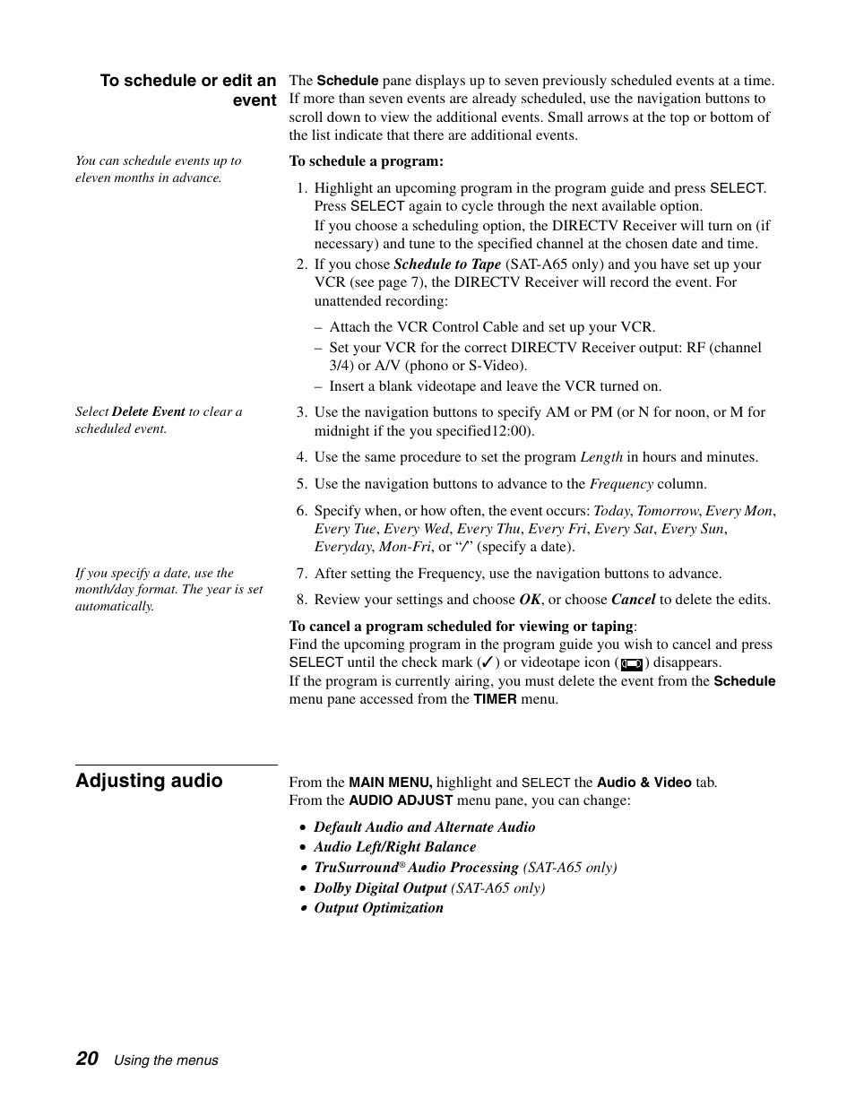 Adjusting audio | Sony SAT-A65 User Manual | Page 29 / 58