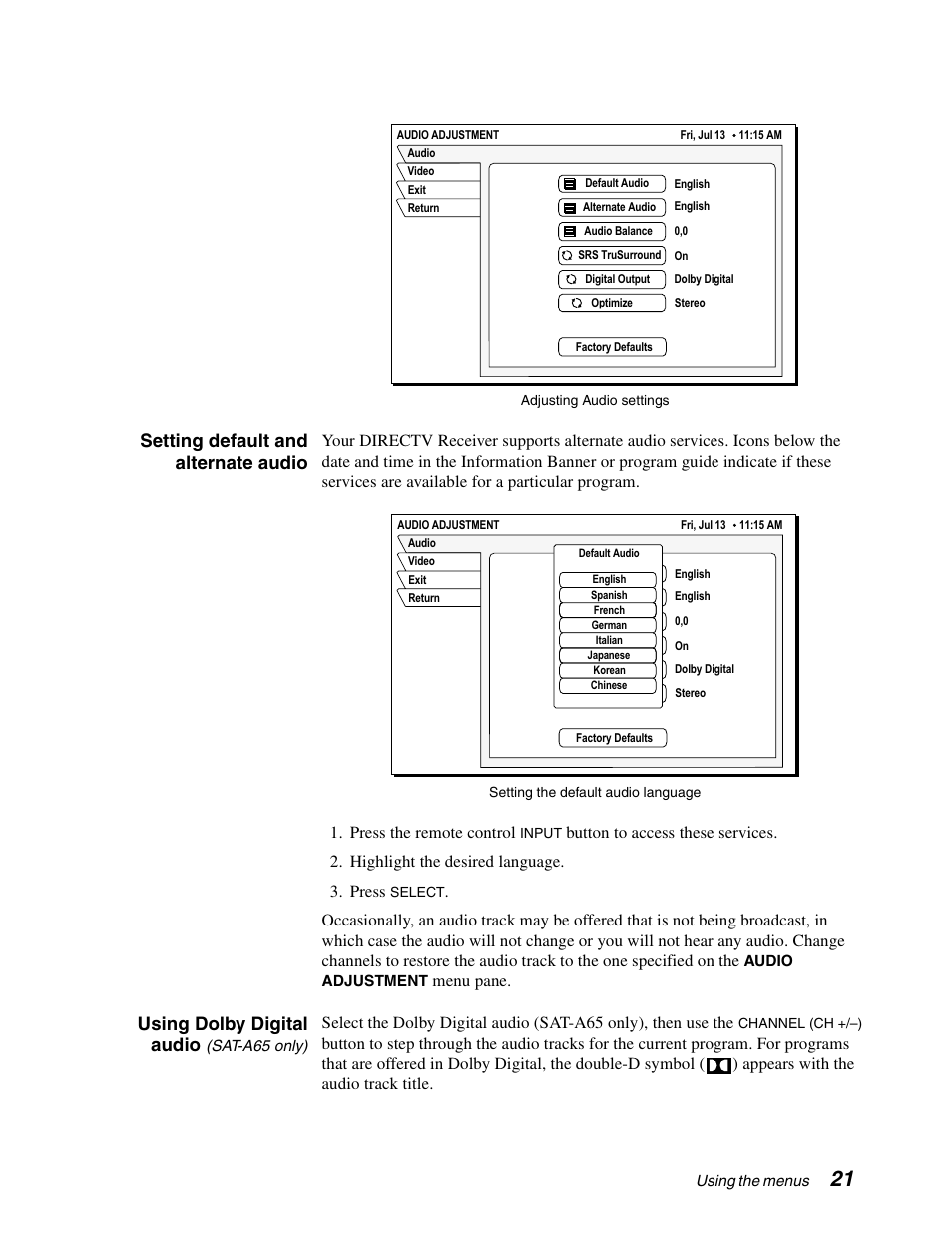 Setting default and alternate audio, Using dolby digital audio | Sony SAT-A65 User Manual | Page 30 / 58