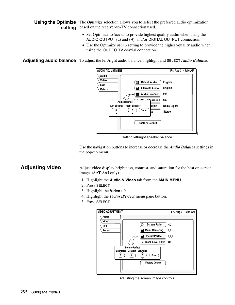 Adjusting video, Using the optimize setting, Adjusting audio balance | Sony SAT-A65 User Manual | Page 31 / 58