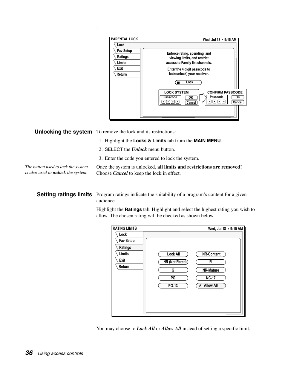 Unlocking the system, Setting ratings limits | Sony SAT-A65 User Manual | Page 45 / 58