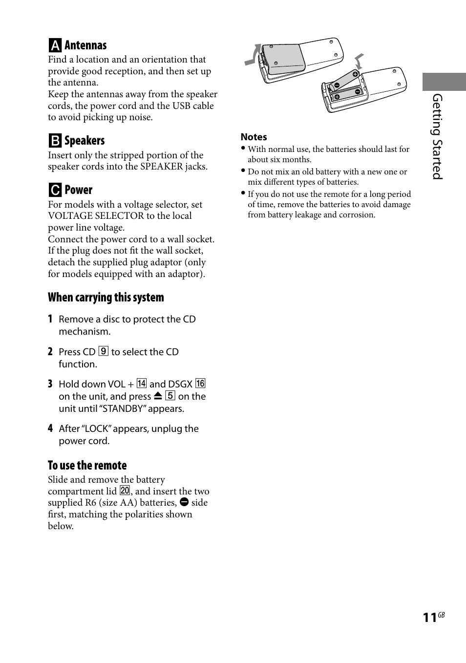 Getting s tar ted  antennas, Speakers, Power | When carrying this system | Sony 3-293-639-11(1) User Manual | Page 11 / 36