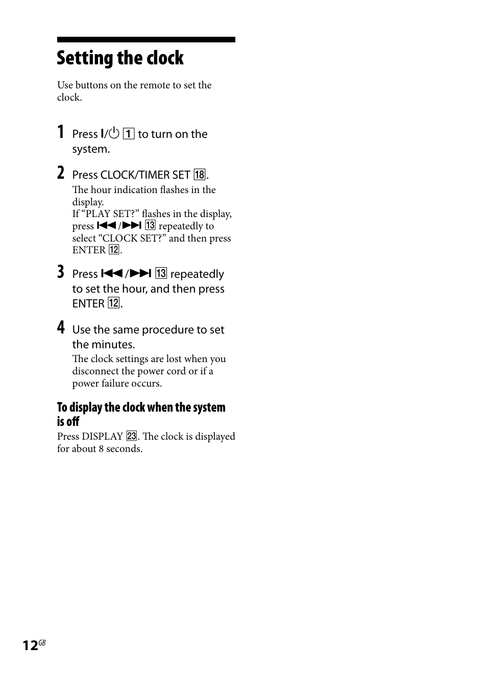 Setting the clock | Sony 3-293-639-11(1) User Manual | Page 12 / 36