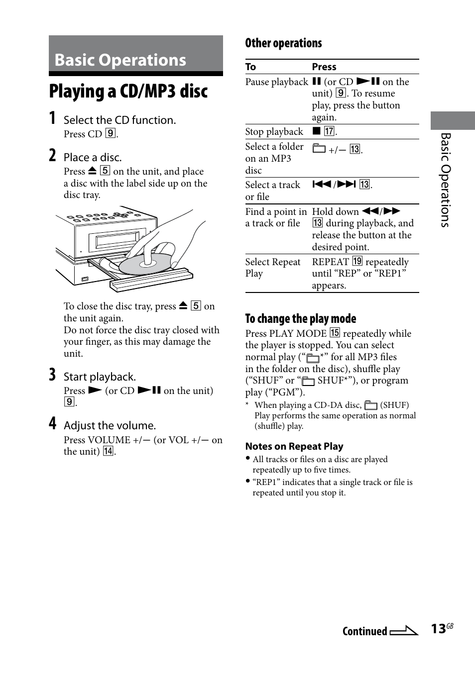 Basic operations, Playing a cd/mp3 disc, Basic oper ations | Other operations | Sony 3-293-639-11(1) User Manual | Page 13 / 36