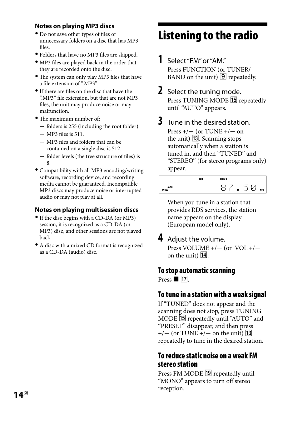Listening to the radio | Sony 3-293-639-11(1) User Manual | Page 14 / 36