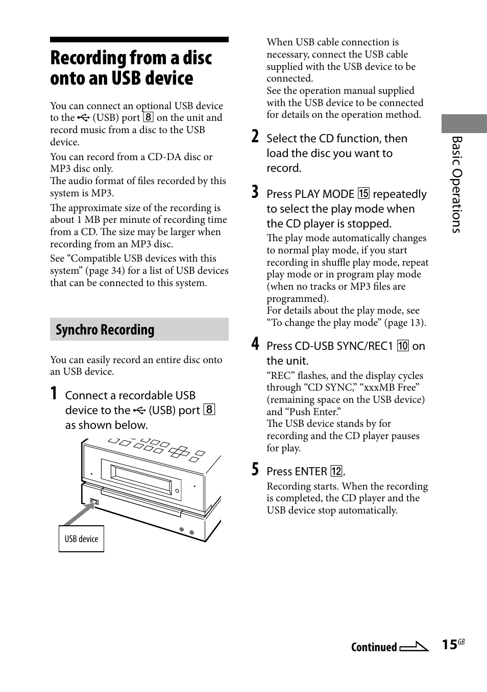 Recording from a disc onto an usb device, Recording from a disc onto an usb, Device | Synchro recording | Sony 3-293-639-11(1) User Manual | Page 15 / 36