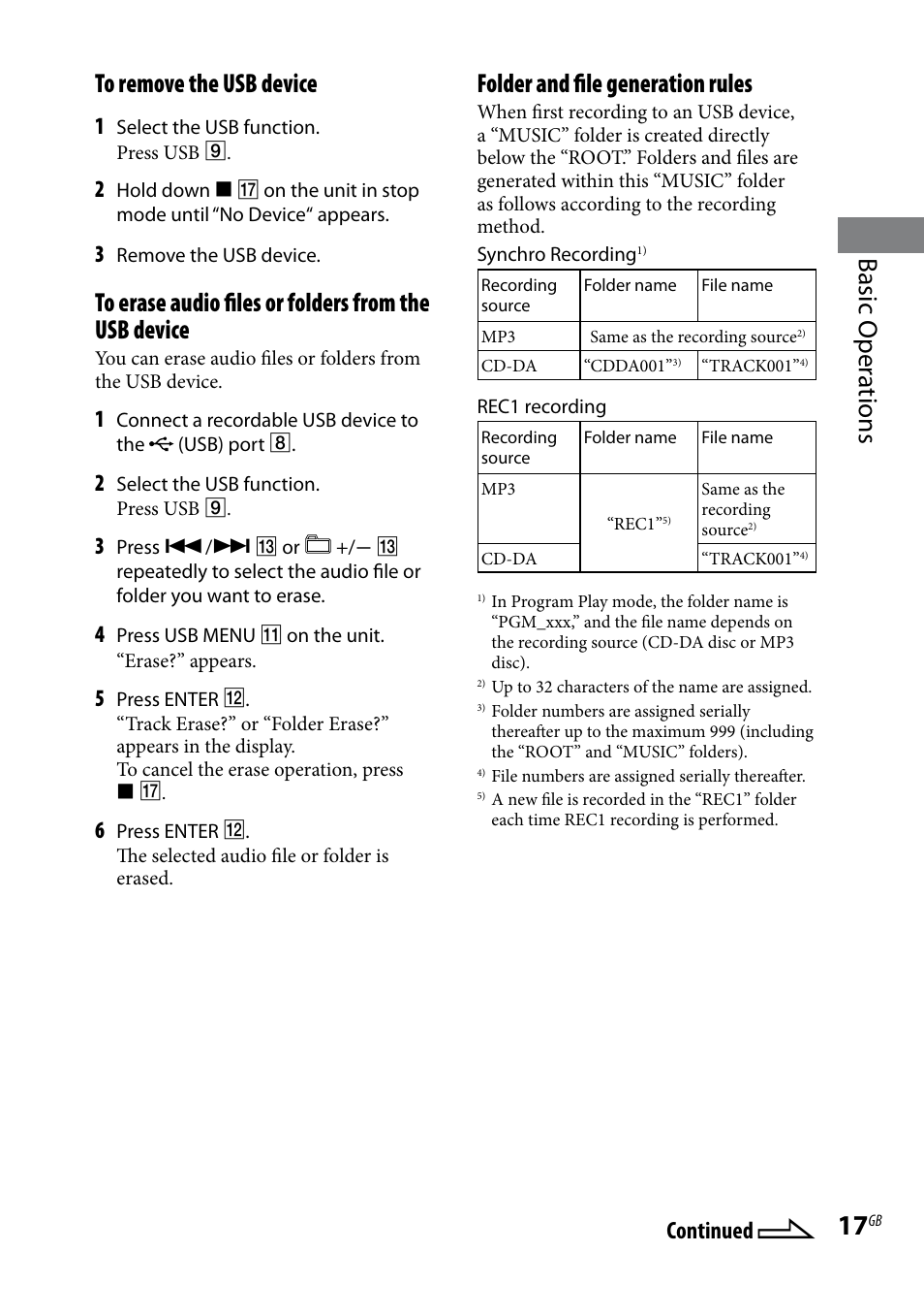 Basic oper ations to remove the usb device, Folder and file generation rules, Continued | Sony 3-293-639-11(1) User Manual | Page 17 / 36
