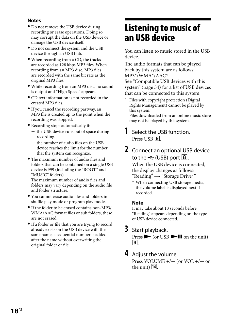 Listening to music of an usb device, Listening to music of, An usb device | Sony 3-293-639-11(1) User Manual | Page 18 / 36