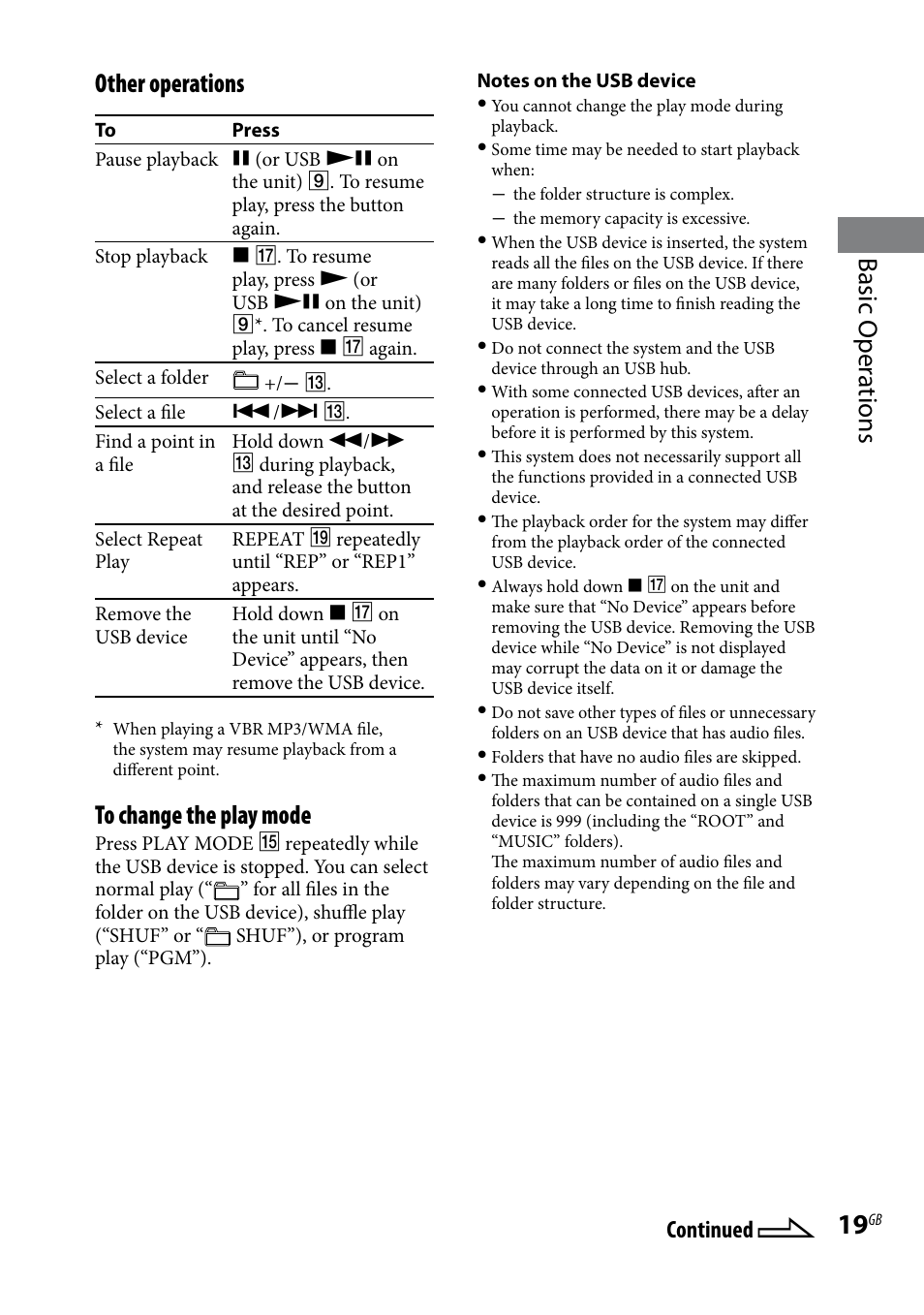 Basic oper ations other operations, Continued | Sony 3-293-639-11(1) User Manual | Page 19 / 36