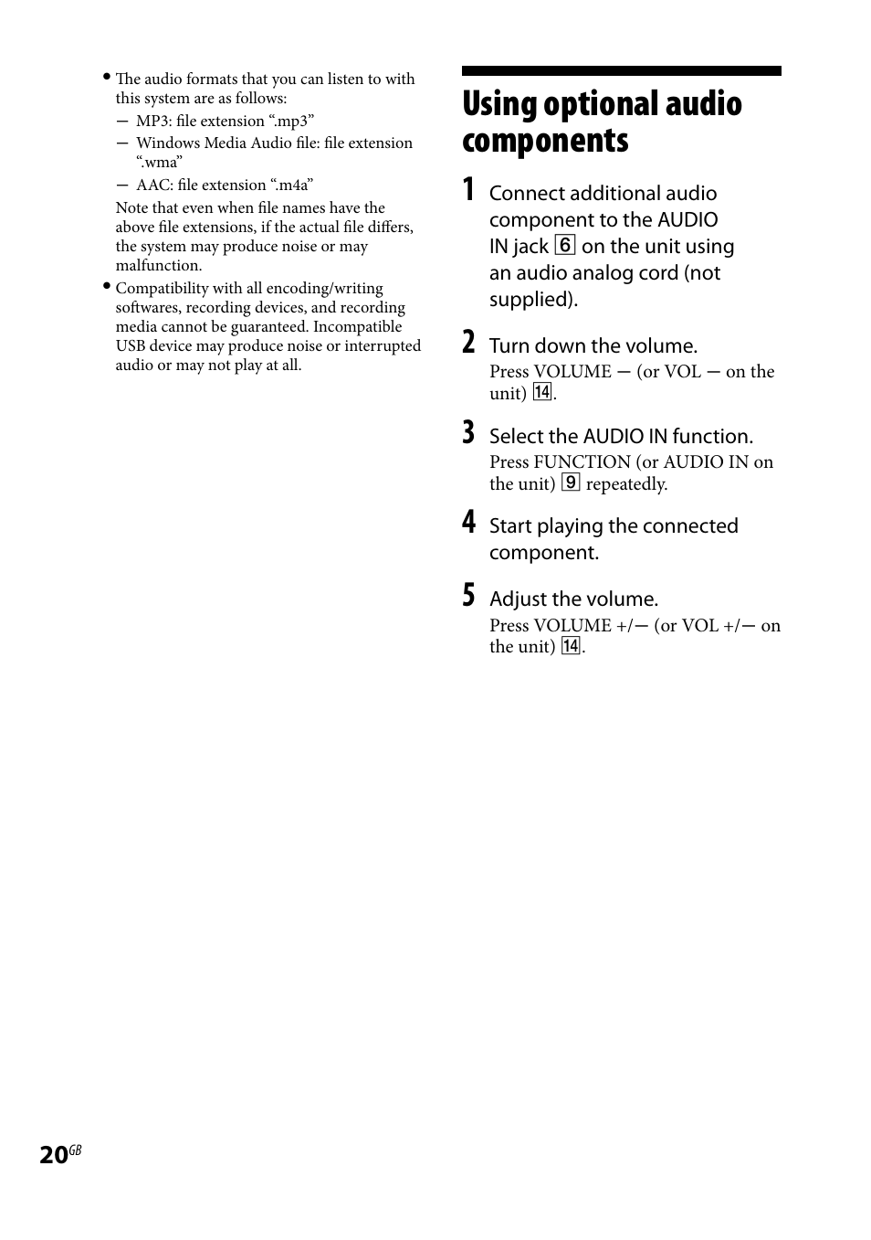 Using optional audio components, Using optional audio, Components | Sony 3-293-639-11(1) User Manual | Page 20 / 36