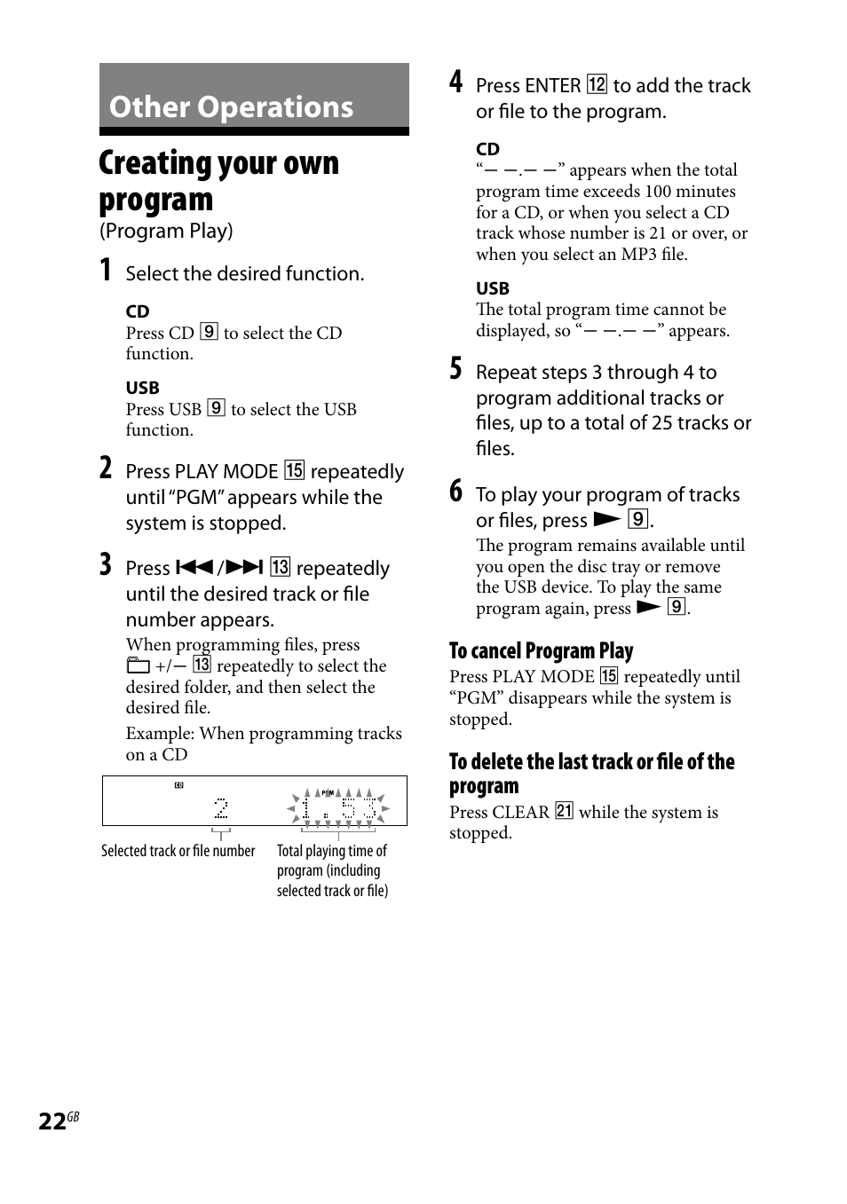Other operations, Creating your own program, Program play) | Creating your own program (program play) | Sony 3-293-639-11(1) User Manual | Page 22 / 36