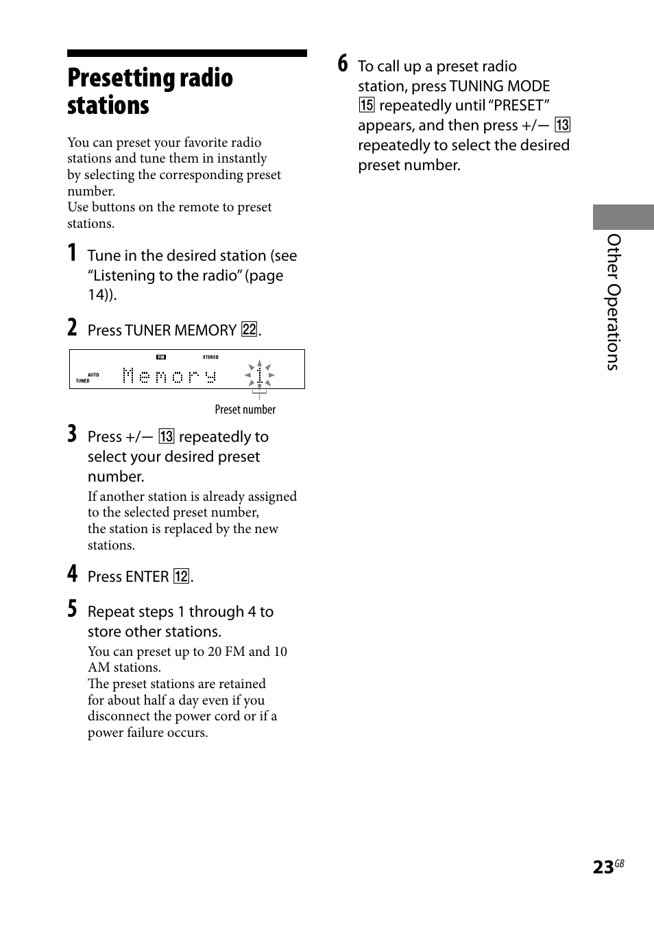 Presetting radio stations | Sony 3-293-639-11(1) User Manual | Page 23 / 36